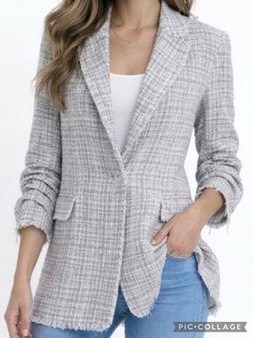 Maison d’Amelie Paris Blazer Blue Tweed Fringe Ruched Sleeve 2 Quiet Luxury